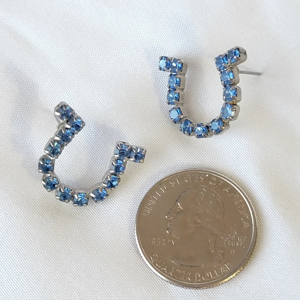 Rhinestone Horseshoe Earrings Sapphire Blue Color